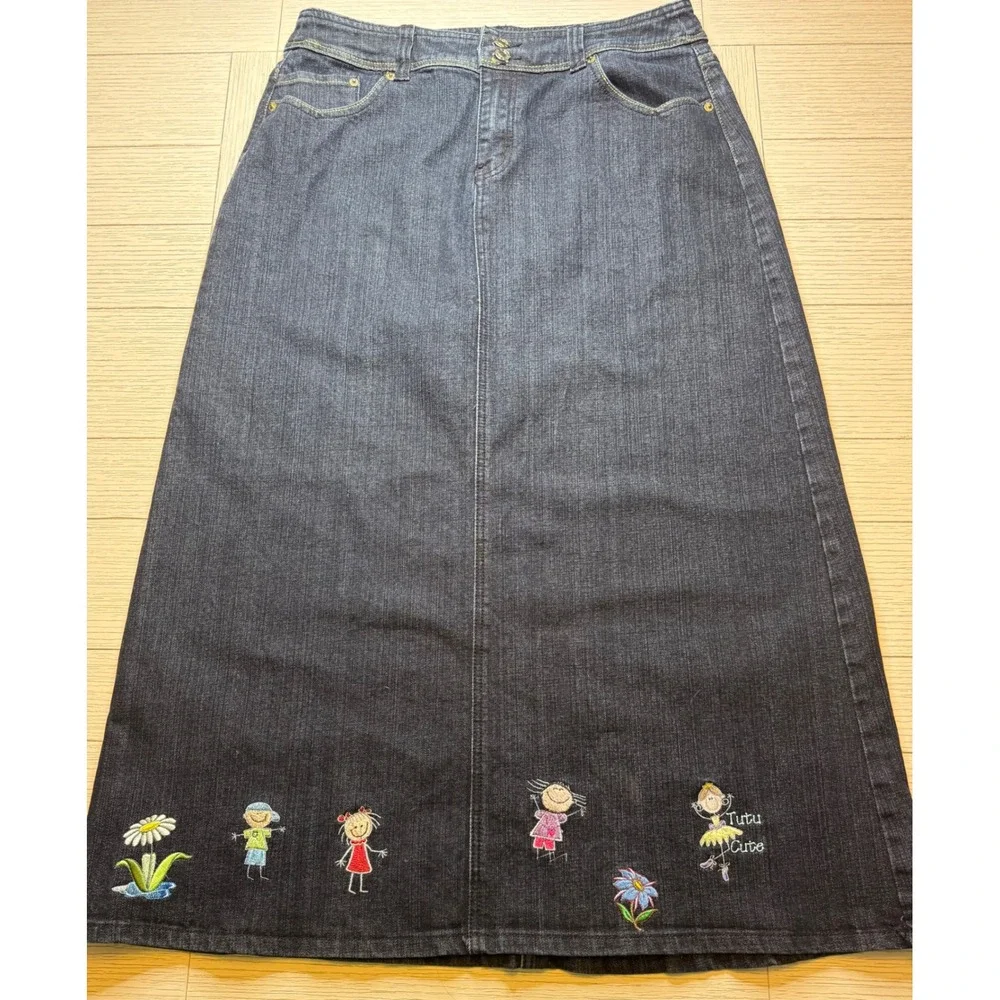 Baccini Women 90s Embroidered Butterfly Kids Flower Denim Maxi Skirt‎ Sz 12 Boho